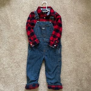 Oshkosh overall and plaid shirt set.